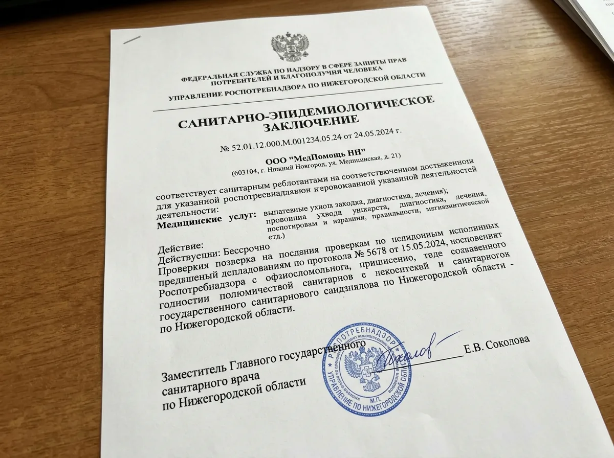 Санитарно-эпидемиологическое заключение ООО МедПомощь НН — официальный документ на белом листе А4 с гербовой печатью Роспотребнадзора