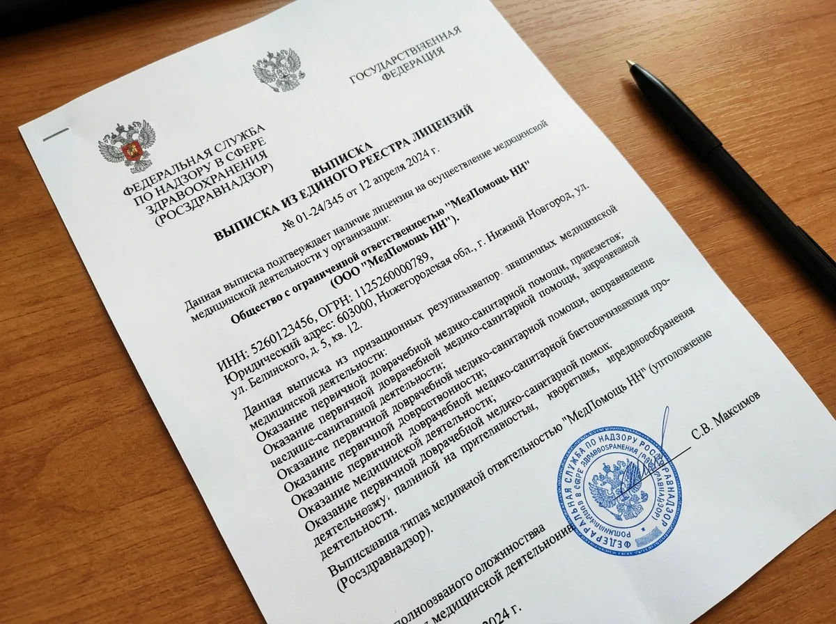 Выписка из реестра лицензий Росздравнадзора — официальный документ с логотипом ведомства и данными организации ООО МедПомощь НН
